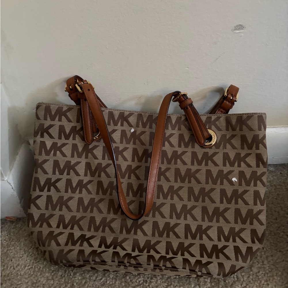 Michael Kors Tan and Brown MK Logo Tote